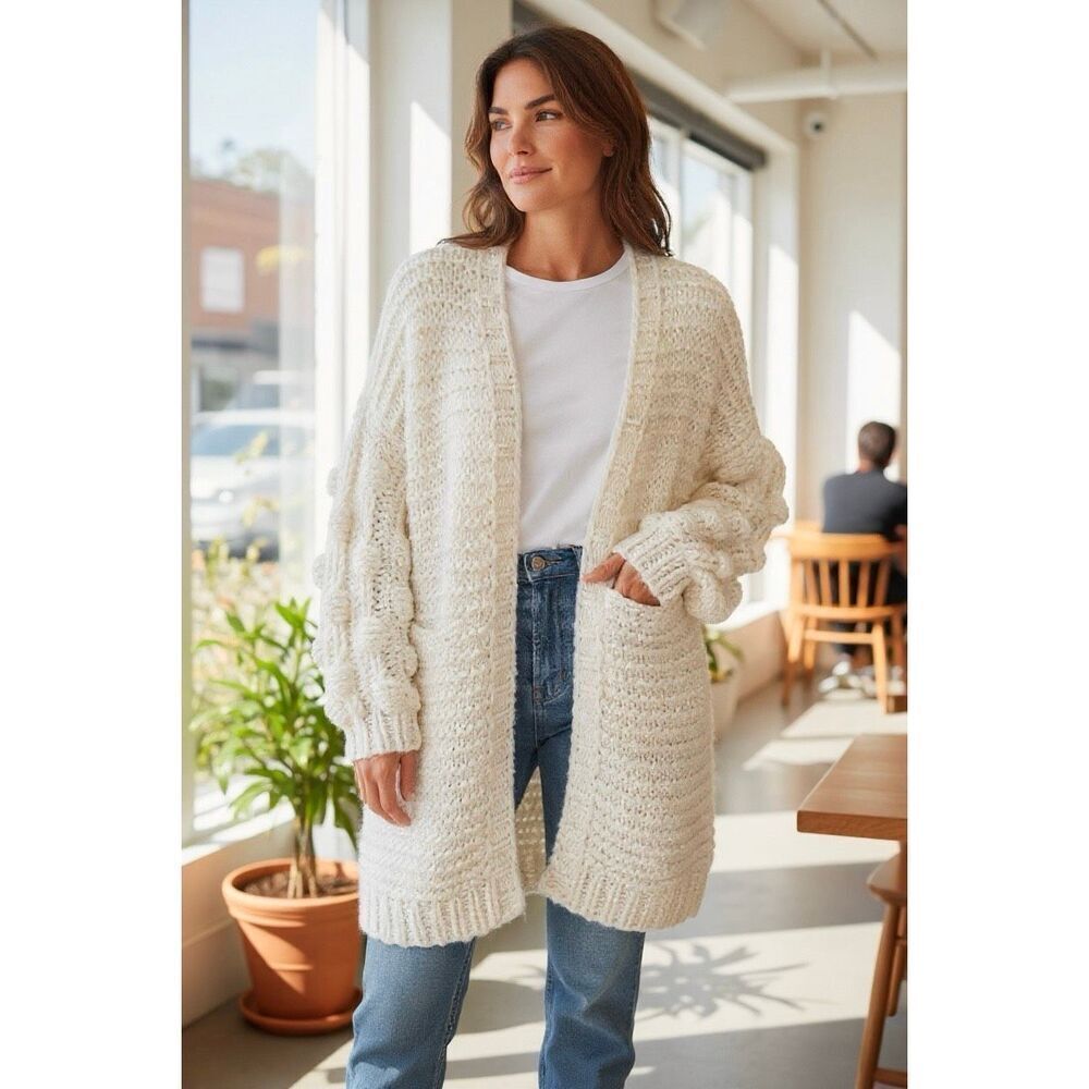 In Loom Chunky Knit Cardigan Sweater Cream Acrylic Open Front Women’s S/M Boho C